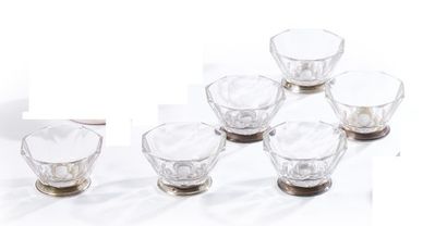 null Suite of six crystal cups with cut sides, the heels adapted from a 925‰ silver...