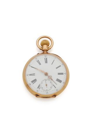 null 18 K yellow gold 750‰ pocket watch, the white enamel dial with Roman numerals,...