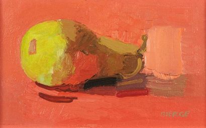 null Roland BIERGE (1922-1991) 

Pear on a red background, 1961 

Oil on canvas signed...