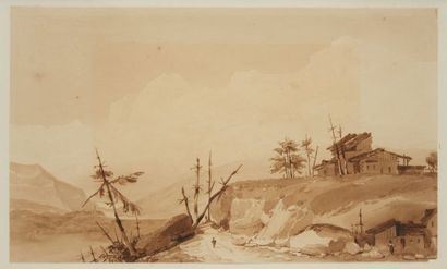 null School of the 19th century 

Landscape animated with characters 

Ink wash,...