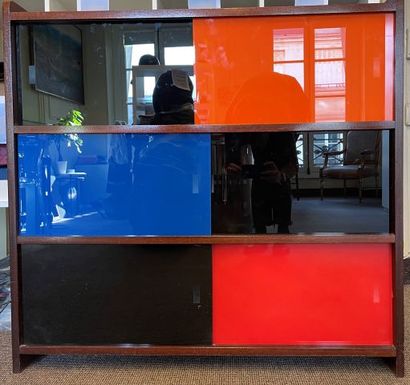 null Bookcase on three levels with sliding doors in tinted glass orange, black, red,...