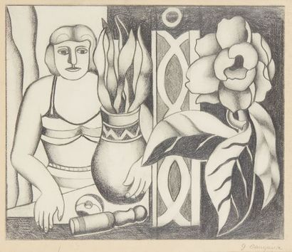  Georges BAUQUIER (1910-1997) 
Femme au vase 
Dessin au crayon gras sur papier signé...