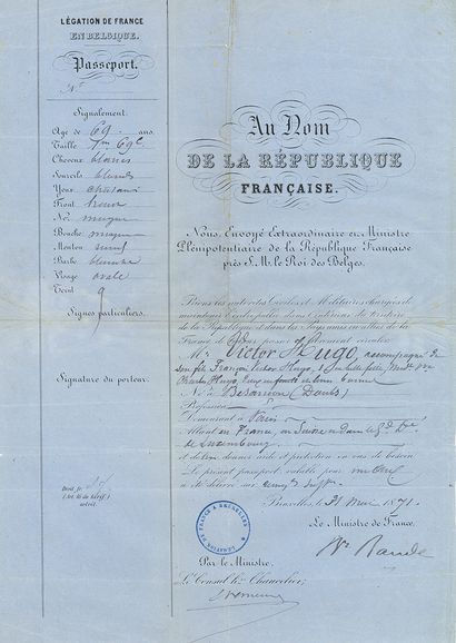  * [Victor HUGO]. PASSEPORT signé par le baron Georges BAUDE, ambassadeur de France...