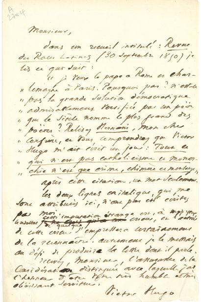 null * Victor HUGO. L.A.S. « Victor Hugo », [octobre ? 1850], au rédacteur de la...