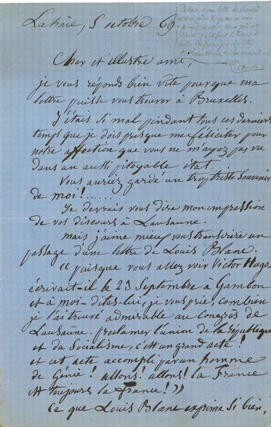  * Juliette DROUET (1806-1883). Copie autographe d’une lettre d’Armand BARBÈS (1809-1870)...