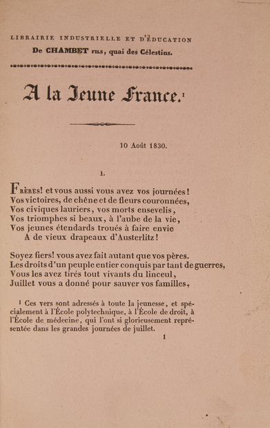 null * HUGO (Victor). A la jeune France. Paris, Chambet fils,10 août 1830, in-12,...
