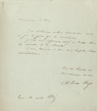  * Victor HUGO. L.A.S. « le Vte Victor Hugo », Paris 20 avril 1845, au duc DECAZES...