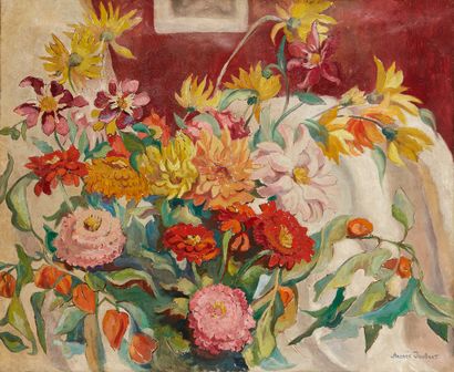 null Andrée JOUBERT (1894-1959) 

Bouquet de dahlias

Huile sur toile signée en bas...