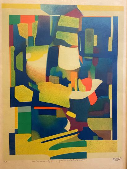 null * Roland BIERGE (1922-1991) 

Composition sur fond jaune 

Lithographie signée...