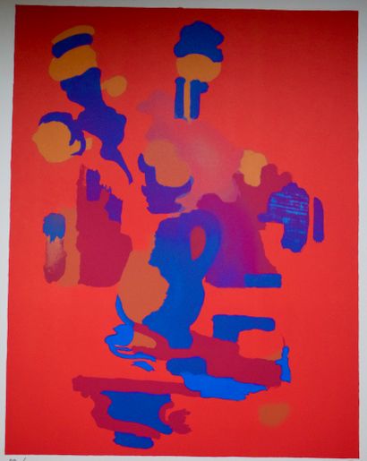 null Roland BIERGE (1922-1991) 

Bouquet bleu sur fond rouge 

Lithographie de 1974,...