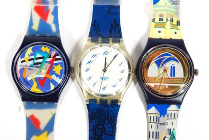 null SWATCH 

Lot of three SWATCH water resistant watches; one blue, one architectural...