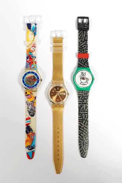 null SWATCH

Lot of three Swatch water resistant watches; one gold with a day/date...