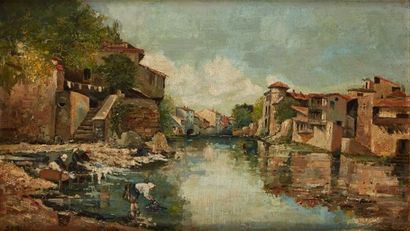 null Ecole Française de la fin du XIXe siècle 

Lavandières au bord d'un canal

Huile...