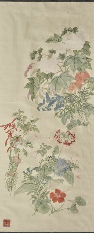 null CHINE - Vers 1900

Encre et couleurs sur soie, branches de fleurs variées dont...