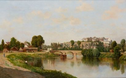 null François de MESGRIGNY (1836-1884)

Pont et village près d'un cours d'eau 

Huile...