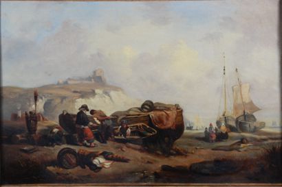  School of the end of the 19th century 
Seashore with fishermen and boats 
Two oil...