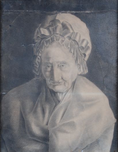  Ecole française du XIXe siècle 
Portrait de femme au bonnet 
Dessin au fusain sur...