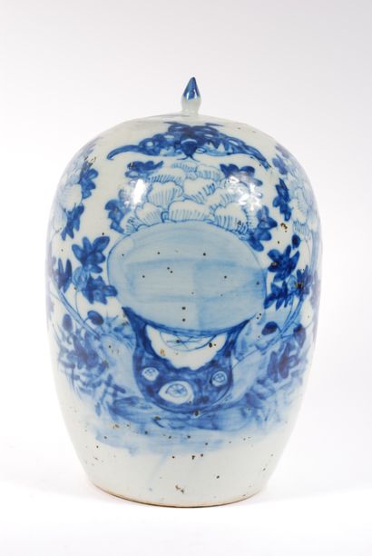 null China 

Covered pot of ovoid form with underglaze blue decoration 

H. 29 c...