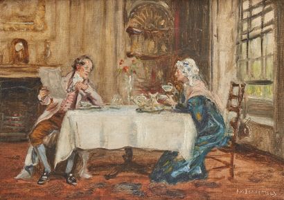  Frank Moss BENNETT (1874-1952) 
Couple attablé 
Huile sur toile signée et datée...