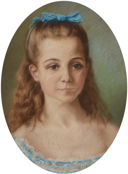  École moderne 
Portrait de jeune fille au noeud bleu 
Pastel 
38 x 29 (à vue) 
En...