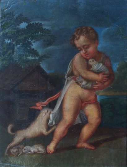  French school of the 18th century 
Little Puppy Thief 
Painting on silk (restorations...