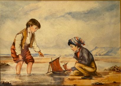 LANGLOIS 
Enfant au bateau sur la plage 
Aquarelle...