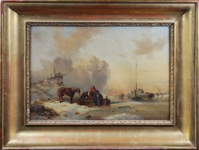  School of the end of the 19th century 
Seashore with fishermen and boats 
Two oil...
