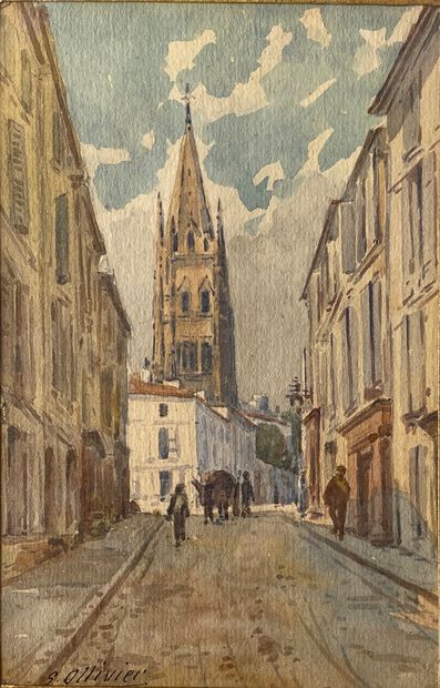 G. Ollivier 
Alley with a bell tower 
Watercolor...