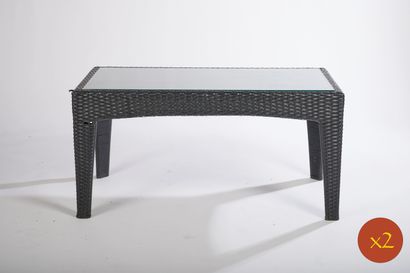 null Paire de tables basses rectangulaires de terrasse en PVC tressé gris et plateau...