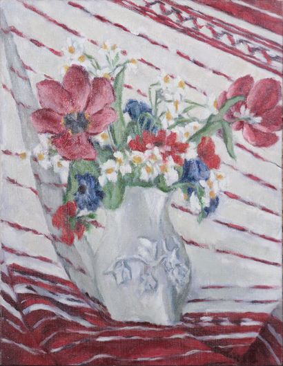 null * Déborah HANSON-MURPHY (1931-2018) 

Natures mortes sur la nappe rouge et blanche...