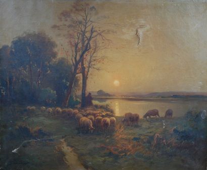 null Brigitte LANGEVIN (XIXème - XXème siècle)

Troupeau près d'une rivière au coucher...