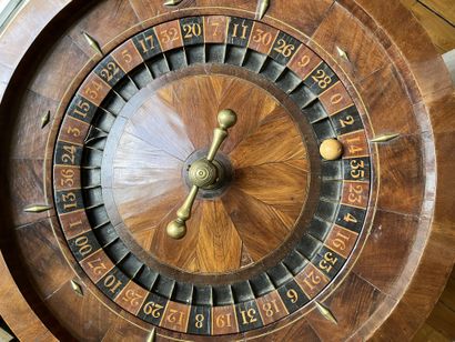 null Casino roulette wheel in veneer and marquetry. Central handle of command in...