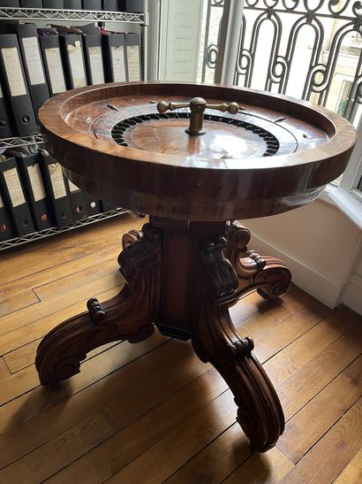 null Casino roulette wheel in veneer and marquetry. Central handle of command in...