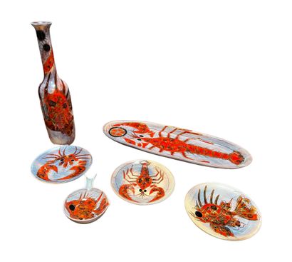 null * VALLAURIS 

Lot including fish dish with a lobster, pan, three plates and...