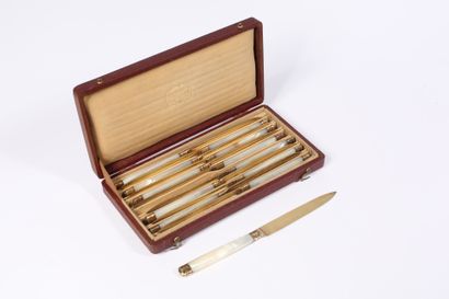 null Suite of twelve small knives, the blades in gilded metal and handles in mother-of-pearl,...