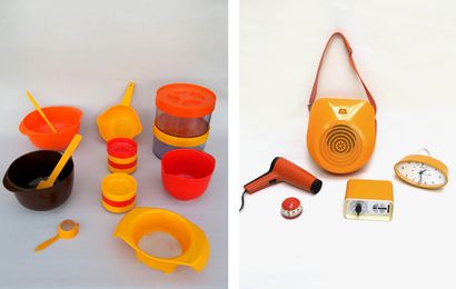 null Set of everyday objects in yellow and orange plastic, mainly by ROSTI, Denmark

Battery...