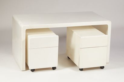 null White fiberglass office furniture set including: desk, console and two pedestals...