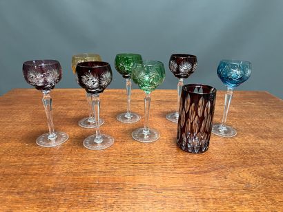 null Suite de sept verres et un vase en verre de bohème 

H. 21 et 16 cm