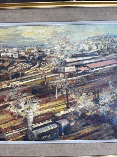 null Josine VIGNON (1928-2022) 

Vision ferroviaire 

Huile sur toile signée en bas...