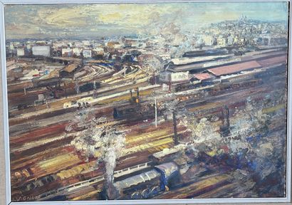 null Josine VIGNON (1928-2022) 

Vision ferroviaire 

Huile sur toile signée en bas...