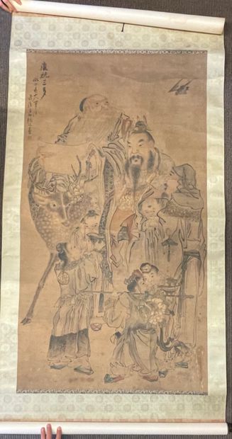 null ECOLE DE SHANGHAI - Fin XIXe siècle
Les trois Dieux Etoiles (Fu Lu Shou Xing)
Encre...