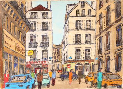 null Roland HAMON (1909-1987) 
Rue Saint-Denis à Paris, la poste
Huile sur toile
33...