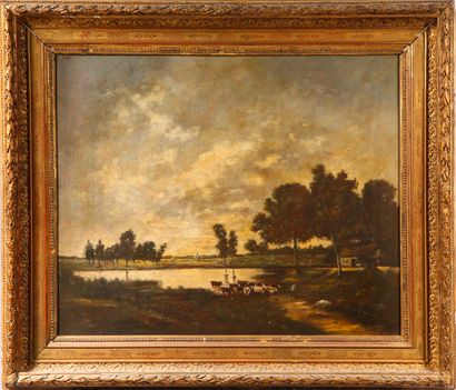 null D'après Théodore ROUSSEAU (1812-1867)
Paysage lacustre
Huile sur toile
Signature...