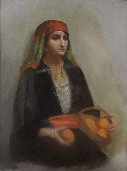 null Ecole orientaliste, début du XXème siècle
Portrait de femme à la corbeille
Pastel,...
