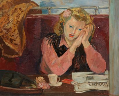 null André PLANSON (1898-1981) 
La pause café, 1943
Huile sur toile, signée et datée...