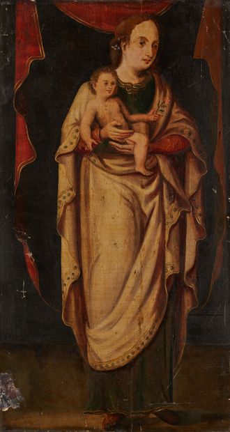 null Elément en bois peint biface, représentant une Vierge à l'enfant sur un dais...
