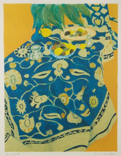 null Pierre BONCOMPAIN (Né en 1938) 
Table avec nappe et citrons 
Epreuve d'artiste...