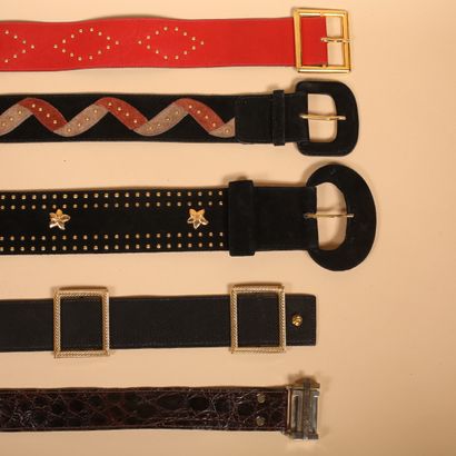null YVES SAINT LAURENT
3 leather belts:
- red leather, white geometric detail, 1980s
-...