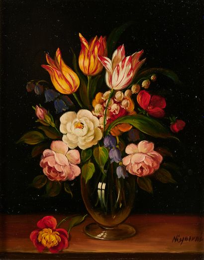 null Robert NISZERNI (Born 1943) 
Bouquets 
Two oils on panel, signed lower right...