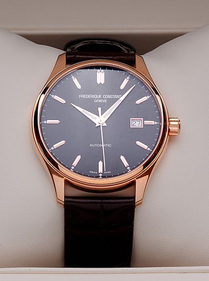 null FREDERIQUE CONSTANT
Rose gold-plated steel watch, round shape, black dial, baton...